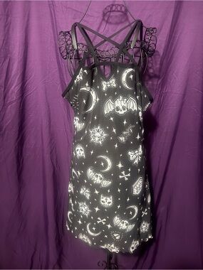 Black Gothic Moon & Bat Print Strappy Slip Dress